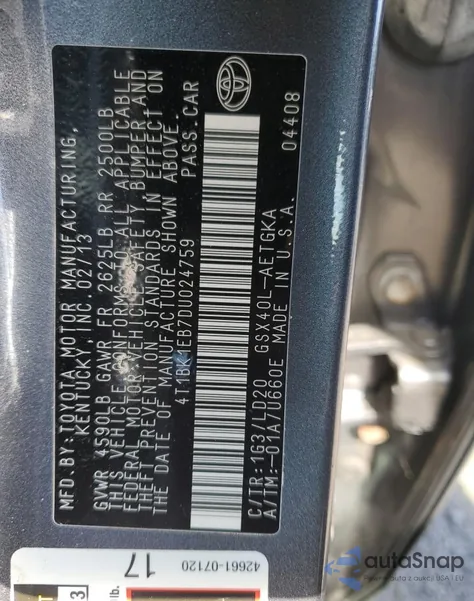 2013 Toyota Avalon Base z USA, uszkodzony, nr VIN 4T1BK1EB7DU024759